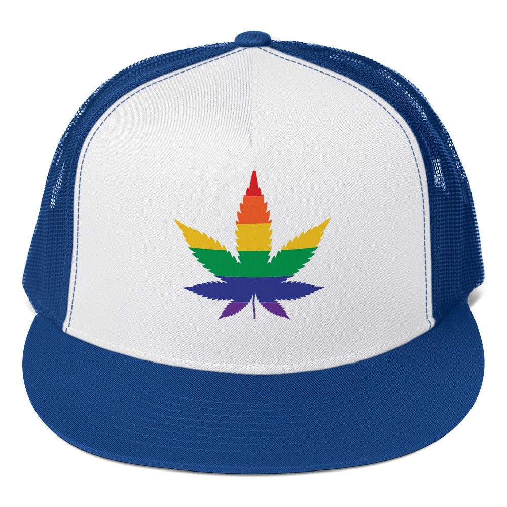 LGBTQ Rainbow Weed Trucker Cap Royal White Royal Pride lgbtq-rainbow-weed-trucker-cap-royal-white-royal-front