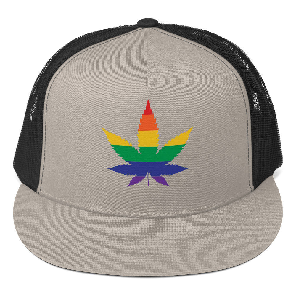 LGBTQ Rainbow Weed Trucker Cap Silver Black Pride lgbtq-rainbow-weed-trucker-cap-silver-black-front