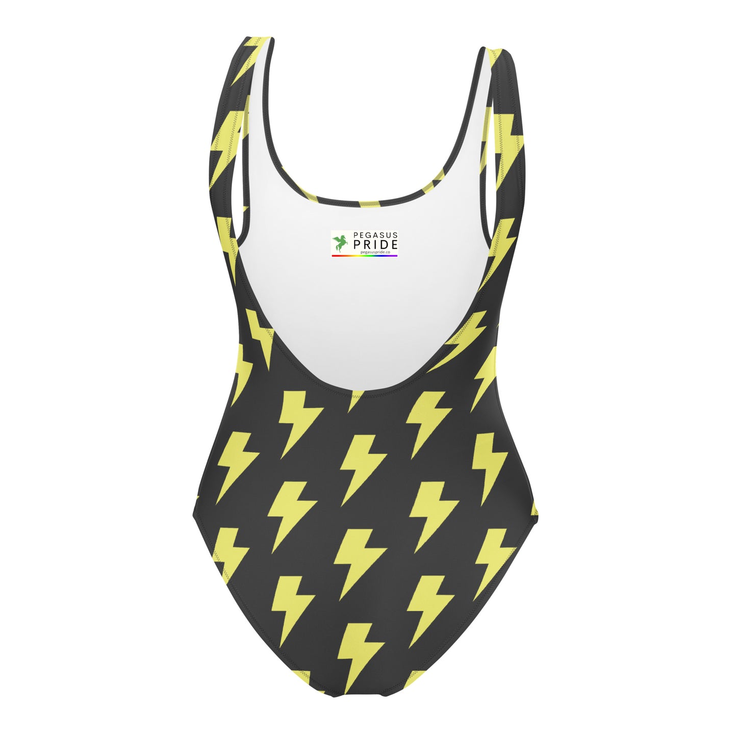 Swimsuit with yellow lightning bolt pattern on a black background
