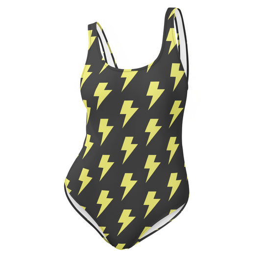 Black swimsuit with yellow lightning bolt pattern on a white background