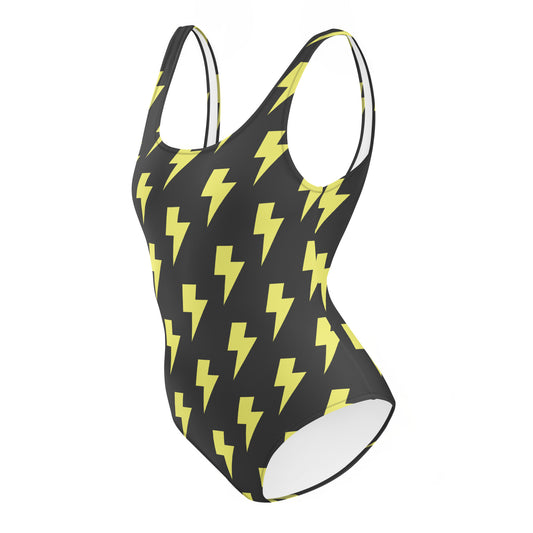 One-piece swimsuit with lightning strike pattern on a white background