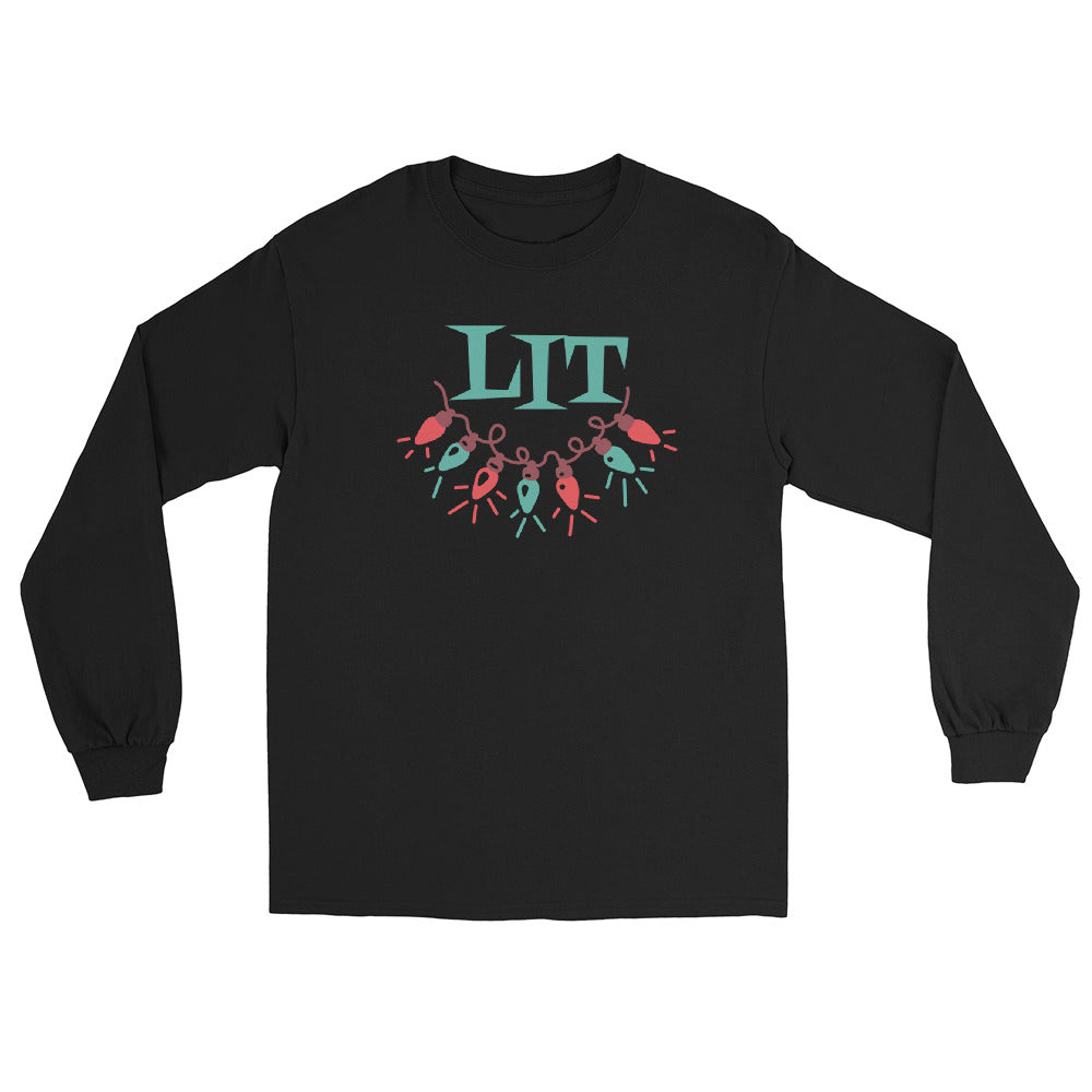 black long sleeve tee shirt with a string of red and green holiday lights and green text that reads 'LIT'