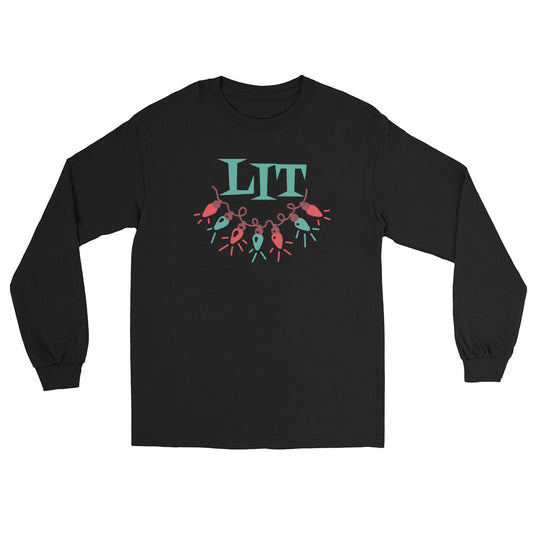 black long sleeve tee shirt with a string of red and green holiday lights and green text that reads 'LIT'