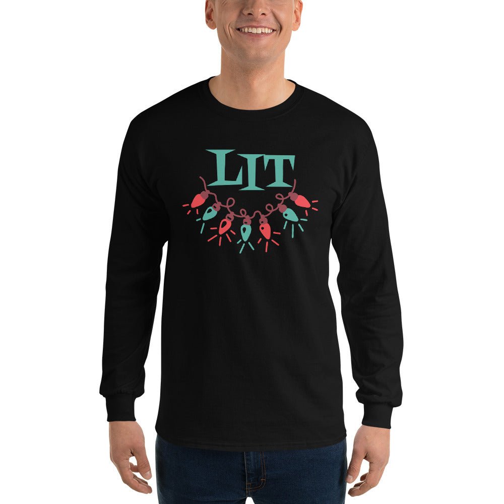 person wearing a black long sleeve tee shirt with a string of red and green holiday lights and green text that reads 'LIT'