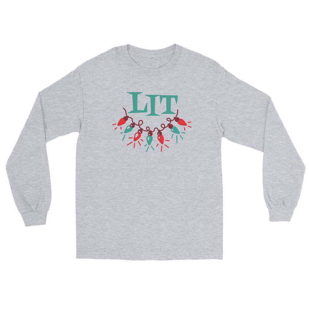 grey long sleeve tee shirt with a string of red and green holiday lights and green text that reads 'LIT'