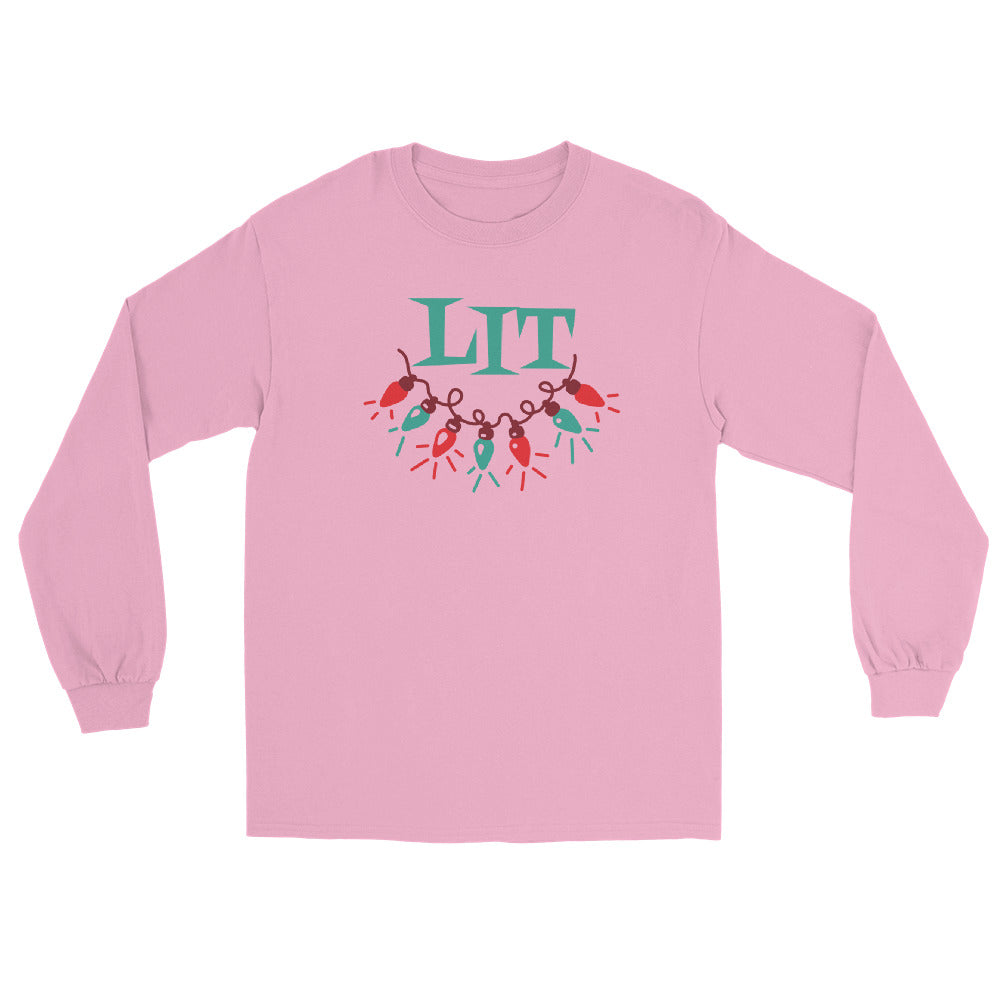 pink long sleeve tee shirt with a string of red and green holiday lights and green text that reads 'LIT'