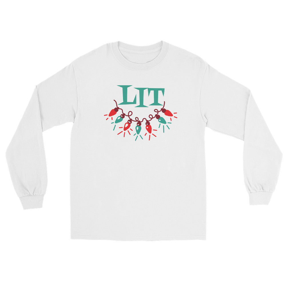 white long sleeve tee shirt with a string of red and green holiday lights and green text that reads 'LIT'