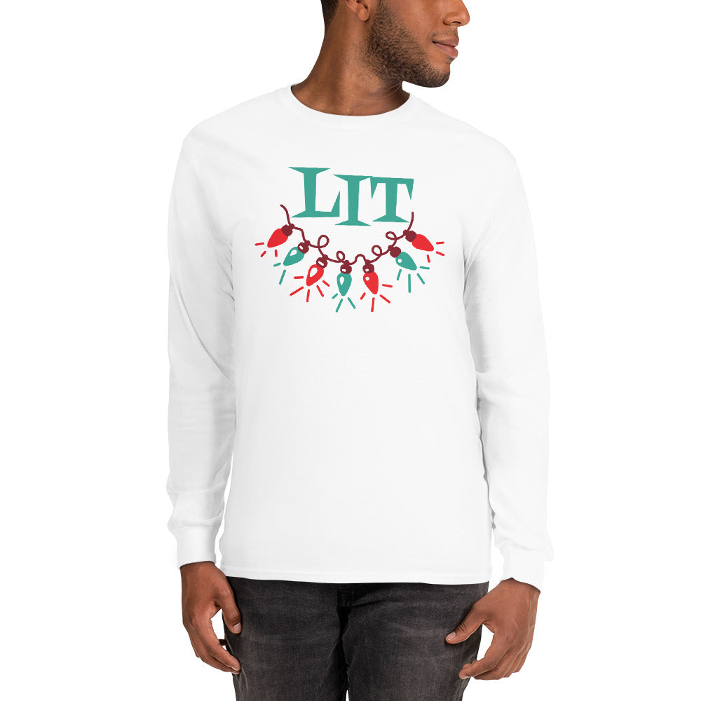 person wearing a white long sleeve tee shirt with a string of red and green holiday lights and green text that reads 'LIT'