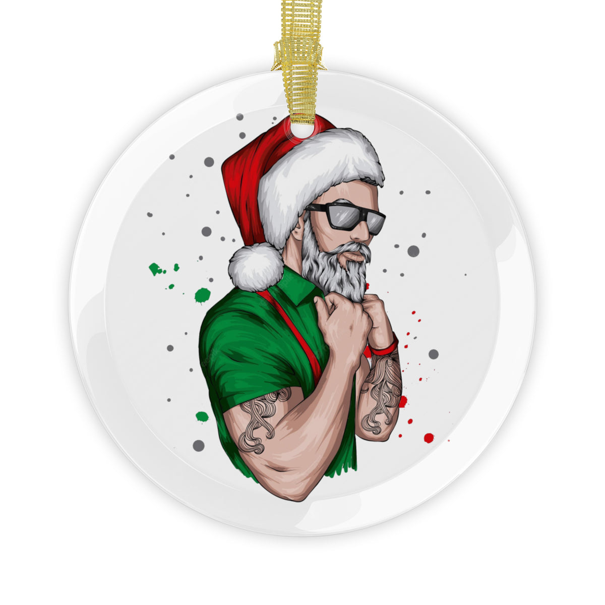 Round crystal clear holiday ornament of a man wearing a santa claus hat, sunglasses, green shirt, and suspenders, with a trimmed beard and tattoos