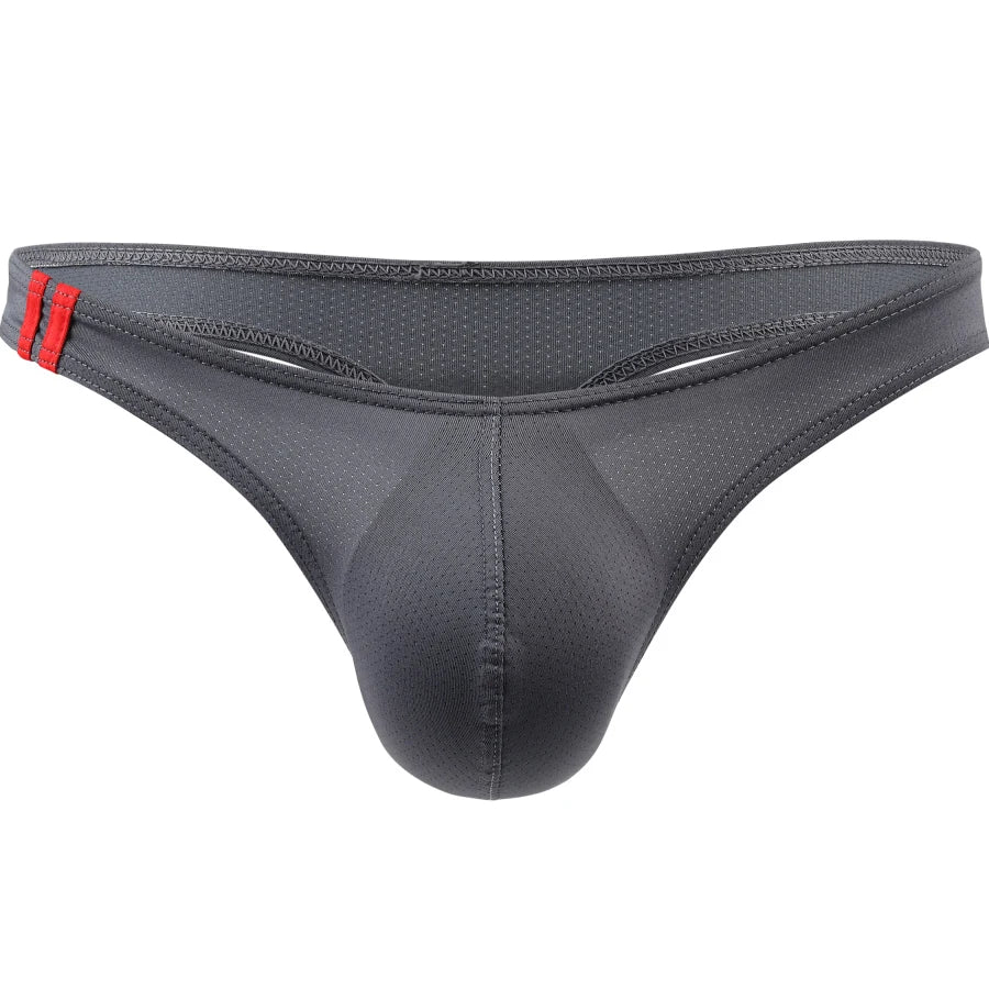 Gray men's underwear with red label on a white background
