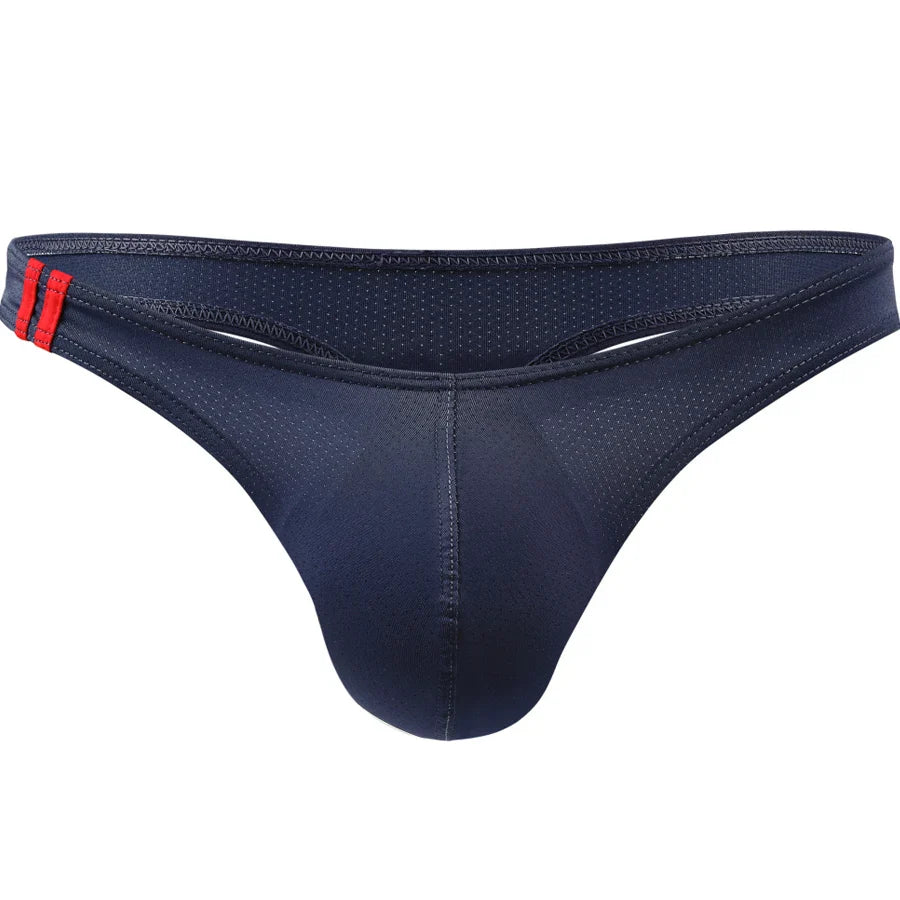 Navy blue men's underwear with red accents on a white background