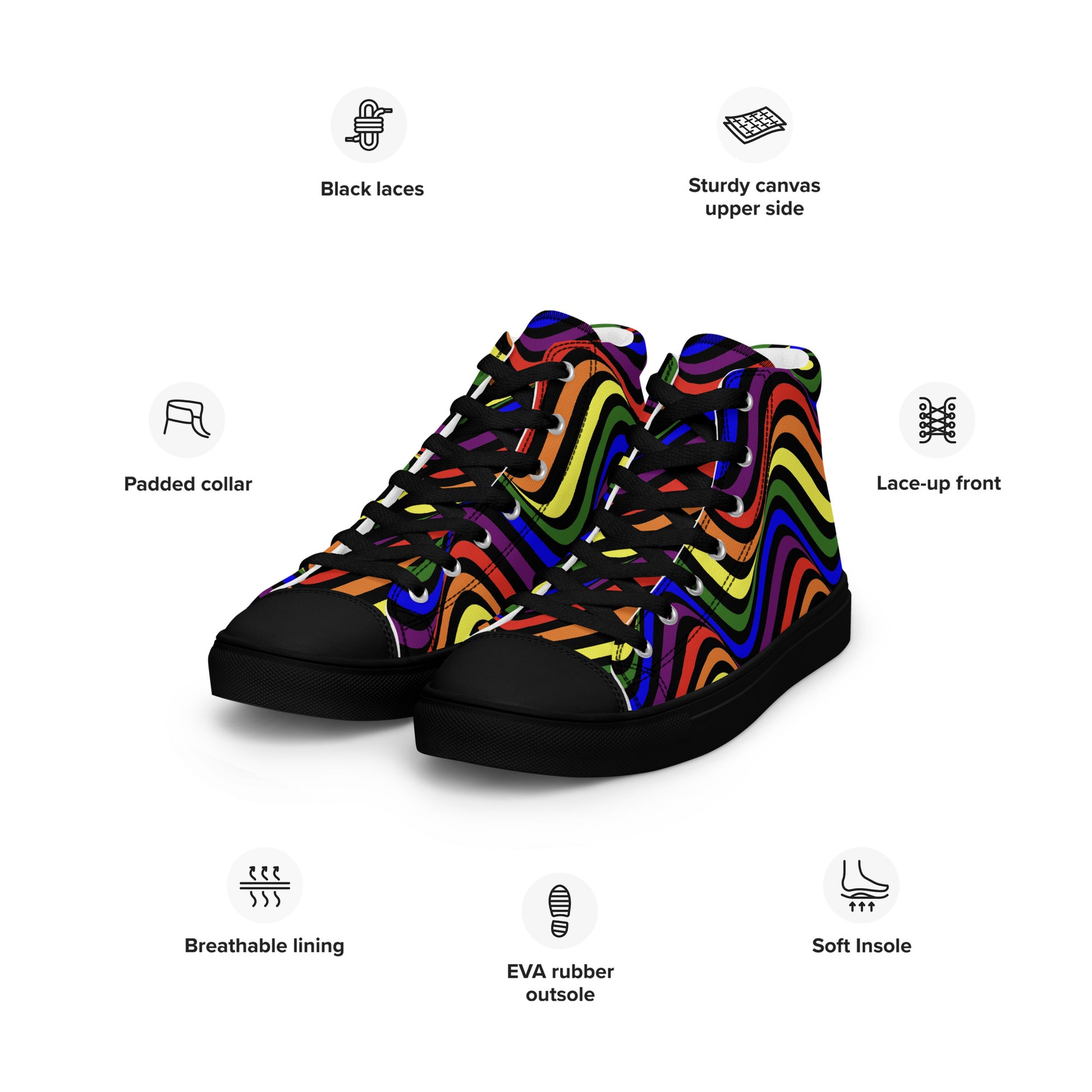 LGBTQ Pride Wavey Men’s High Top Canvas Athletic Shoes mens-high-top-canvas-shoes-black-left-front-657e7ff0ac6e3