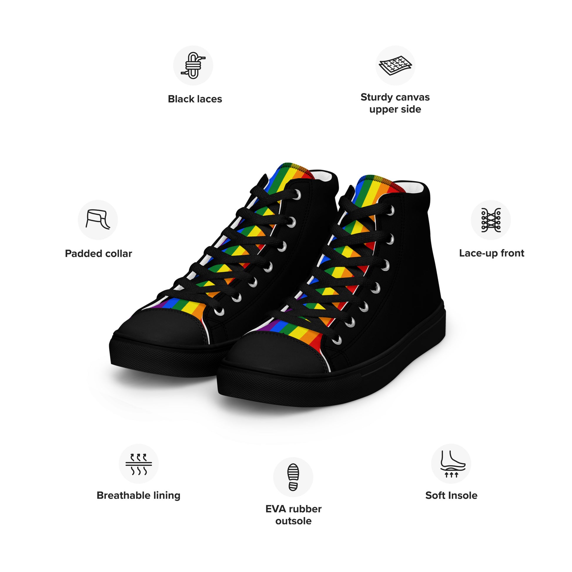 LGBTQ Pride Stripe Men’s High Top Canvas Athletic Shoes - Black mens-high-top-canvas-shoes-black-left-front-65860f0c98d0b