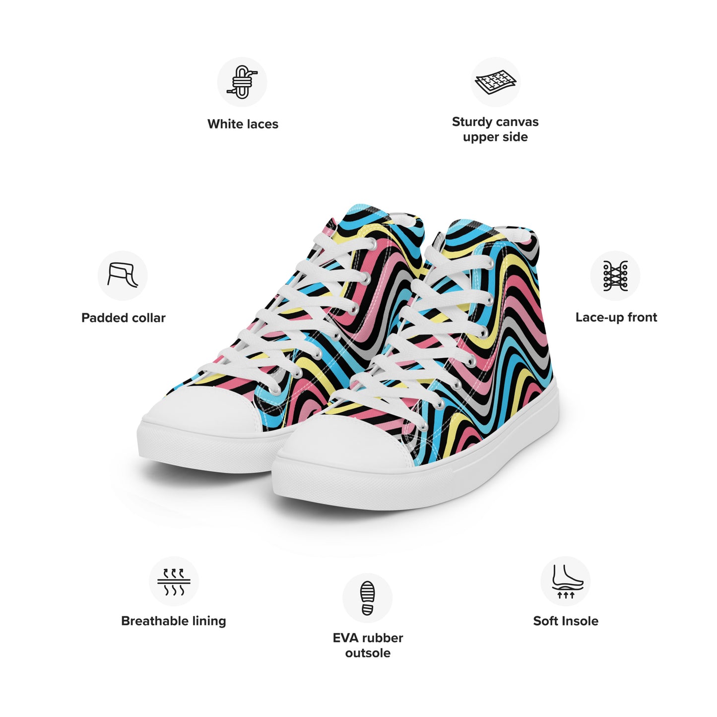 Genderflux Wavey Men’s High Top Canvas Athletic Shoes mens-high-top-canvas-shoes-white-left-front-657e7a628aeee