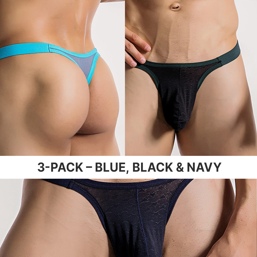Three pairs of men's underwear in blue, black, and navy displayed on a person.