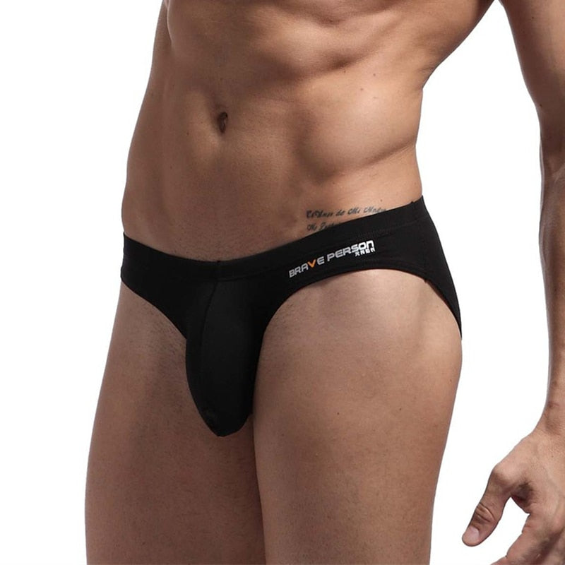 Black men's underwear with 'Brave Person' branding on a white background