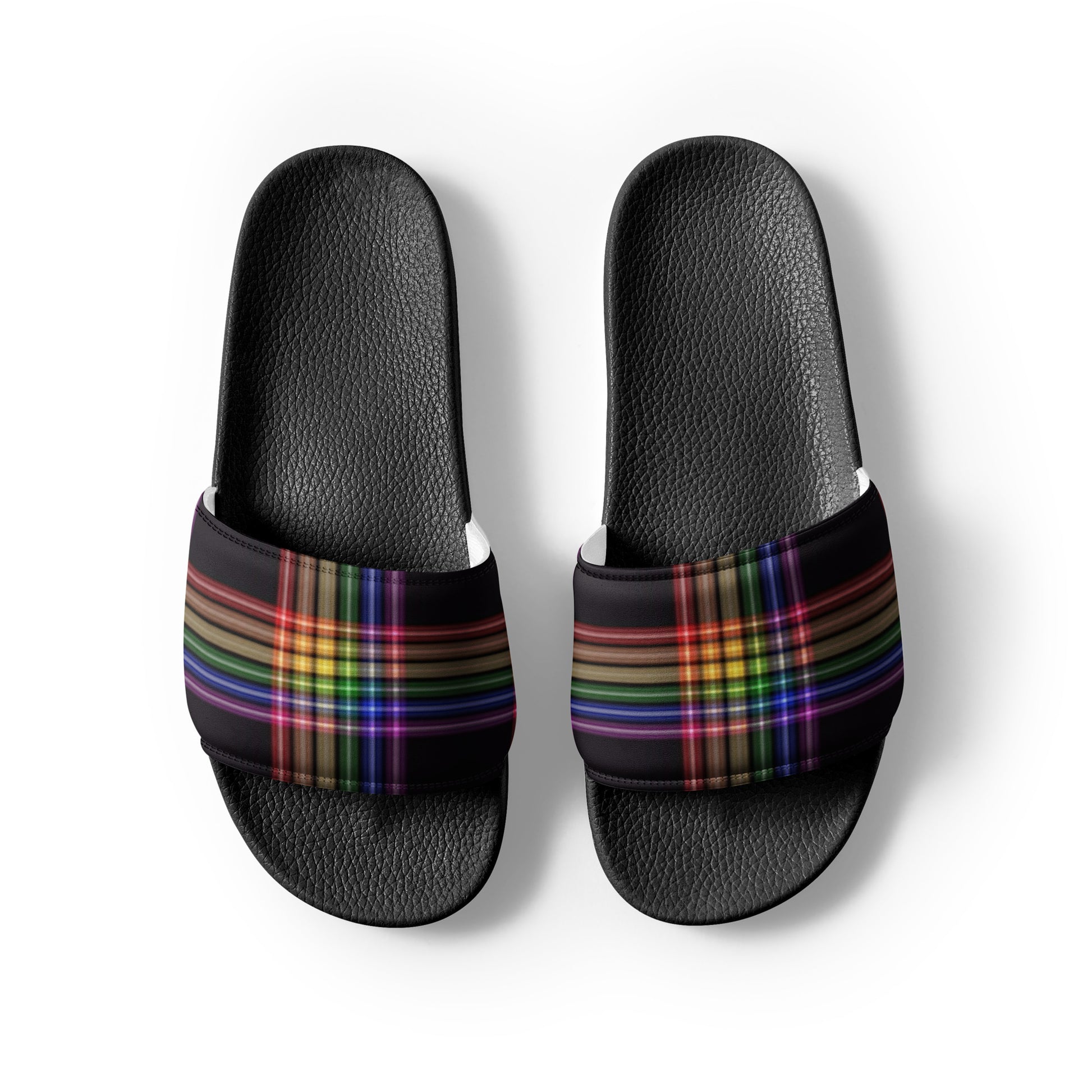 LGBTQ Pride Men’s Slides Sandals in Plaid mens-slides-black-front-2-6601902f10c9e