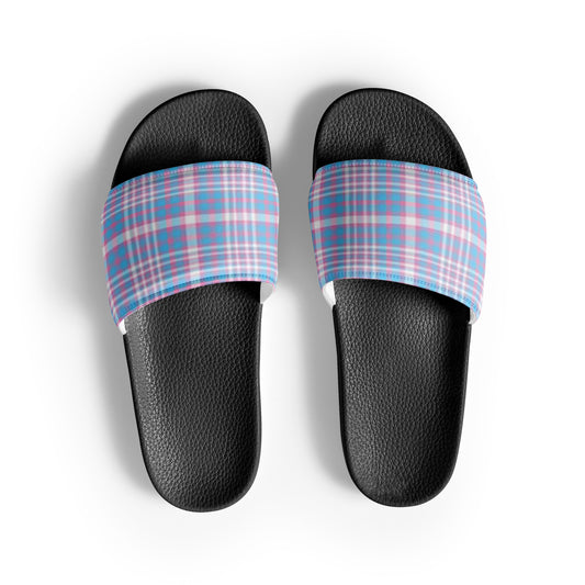 Transgender Trans Pride Men’s Size Slides Sandals in Plaid Black Transgender mens-slides-black-front-66018e02bcd6d