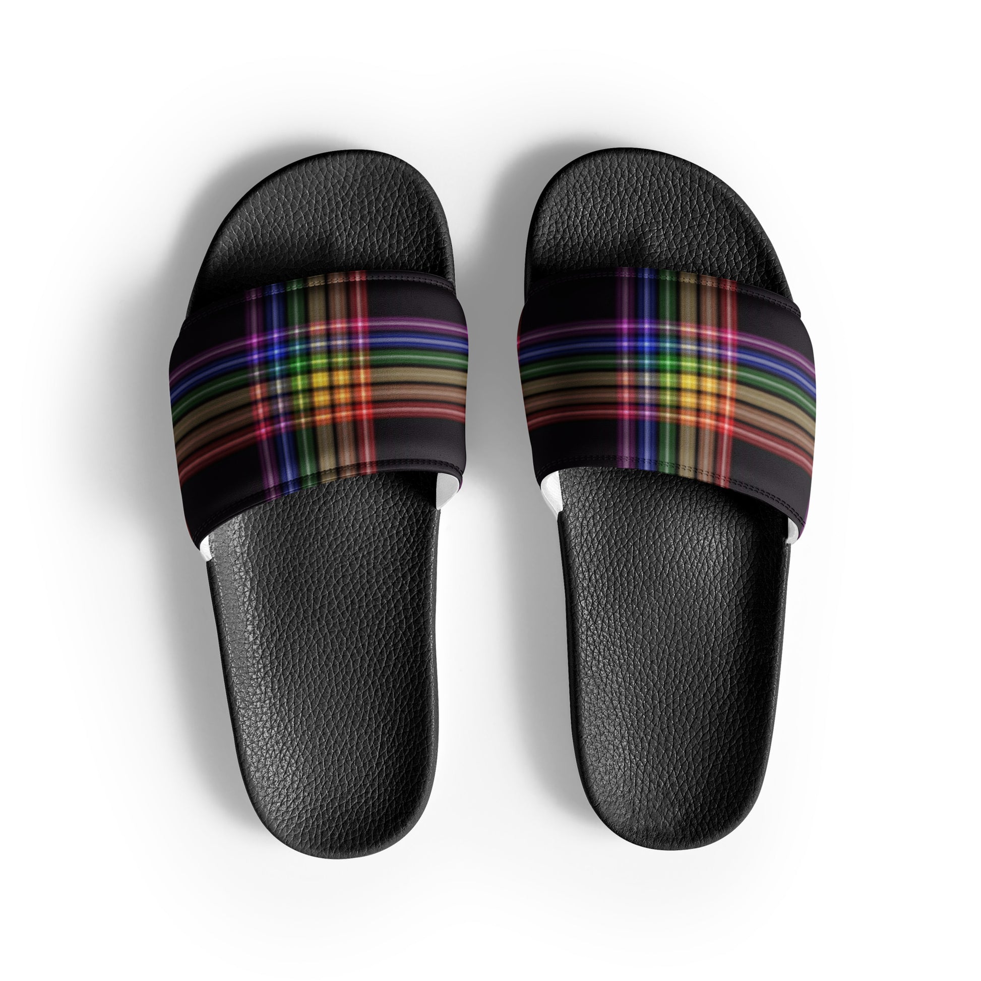 LGBTQ Pride Men’s Slides Sandals in Plaid Black Pride mens-slides-black-front-6601902f0f96b