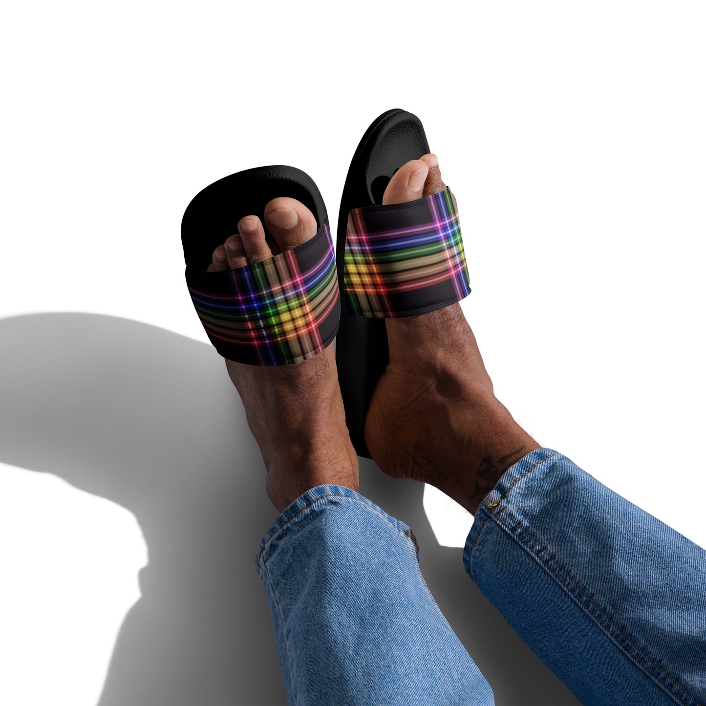 LGBTQ Pride Men’s Slides Sandals in Plaid mens-slides-black-front-6601902f10a9e