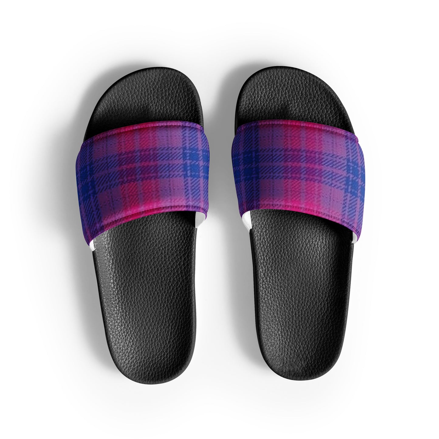 Bisexual Bi Pride Men’s Slides Sandals in Plaid Black Bisexual mens-slides-black-front-660193d62b3aa