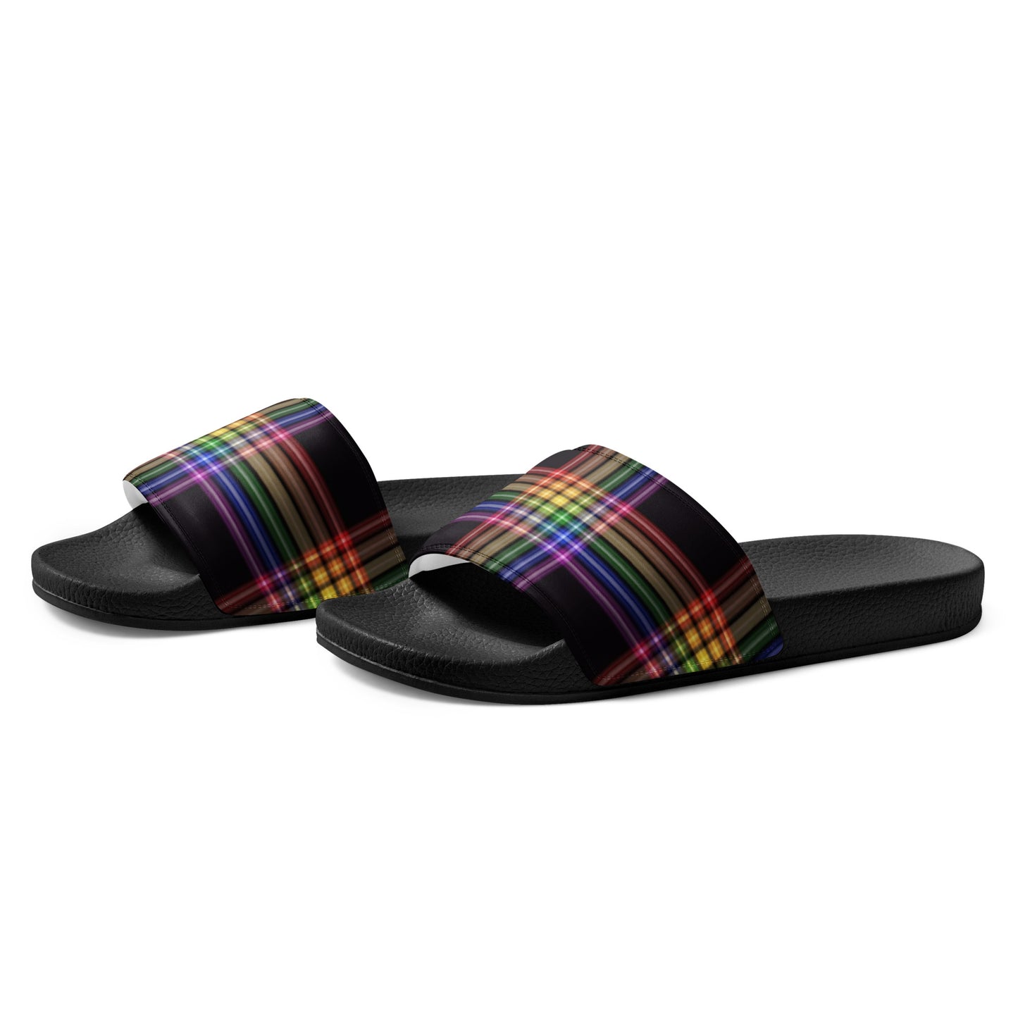 LGBTQ Pride Men’s Slides Sandals in Plaid mens-slides-black-left-front-6601902f10d1a