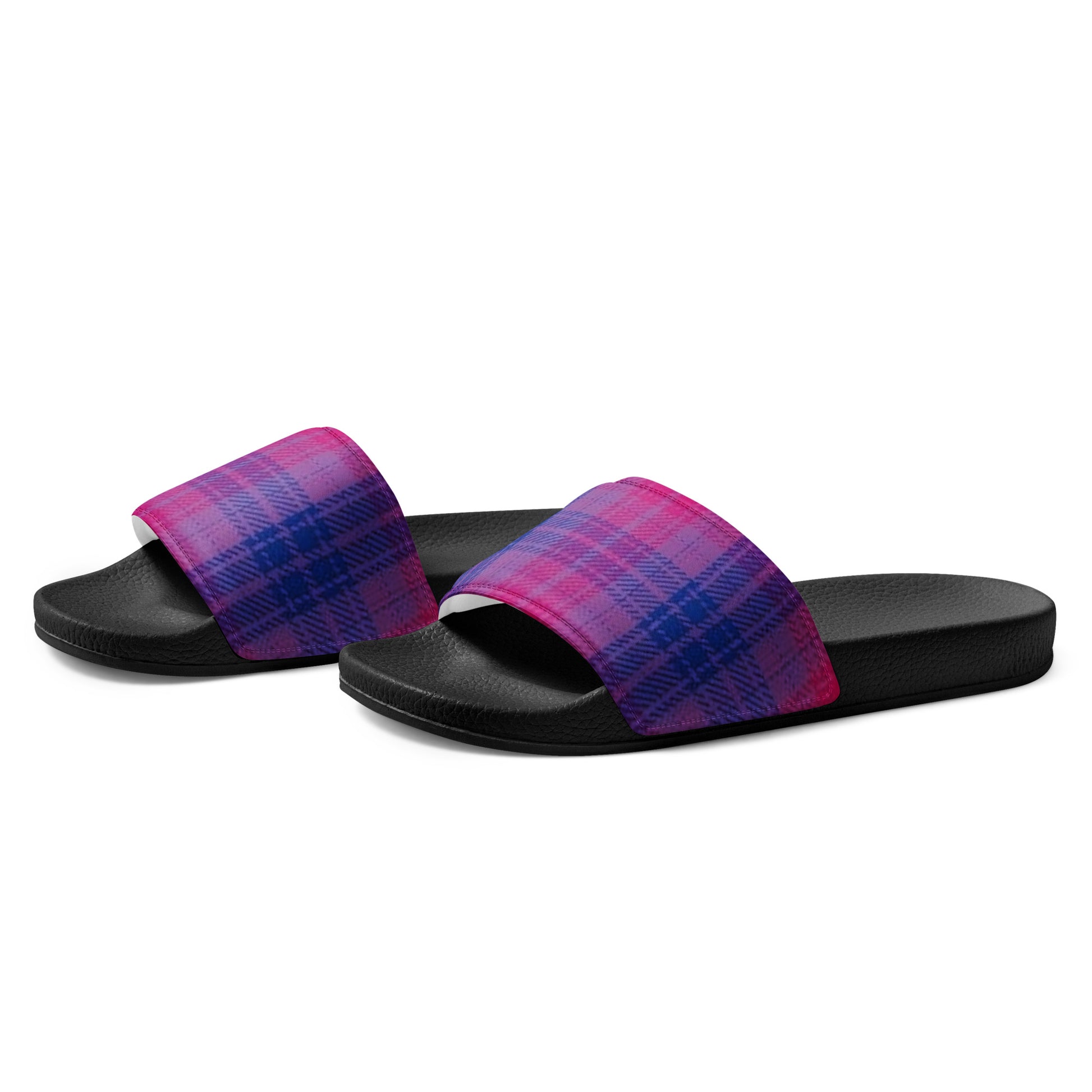 Bisexual Bi Pride Men’s Slides Sandals in Plaid mens-slides-black-left-front-660193d62c4c9