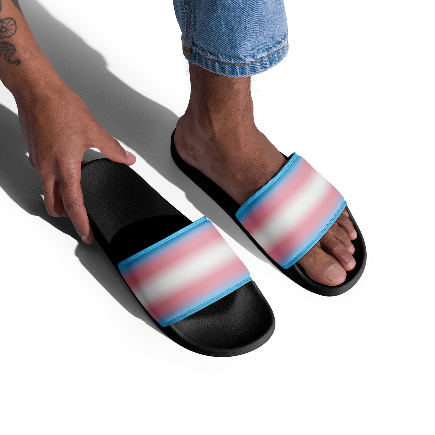 Transgender Trans Pride Men’s Size Slides Sandals in Ombre mens-slides-black-right-front-66018dae982b9