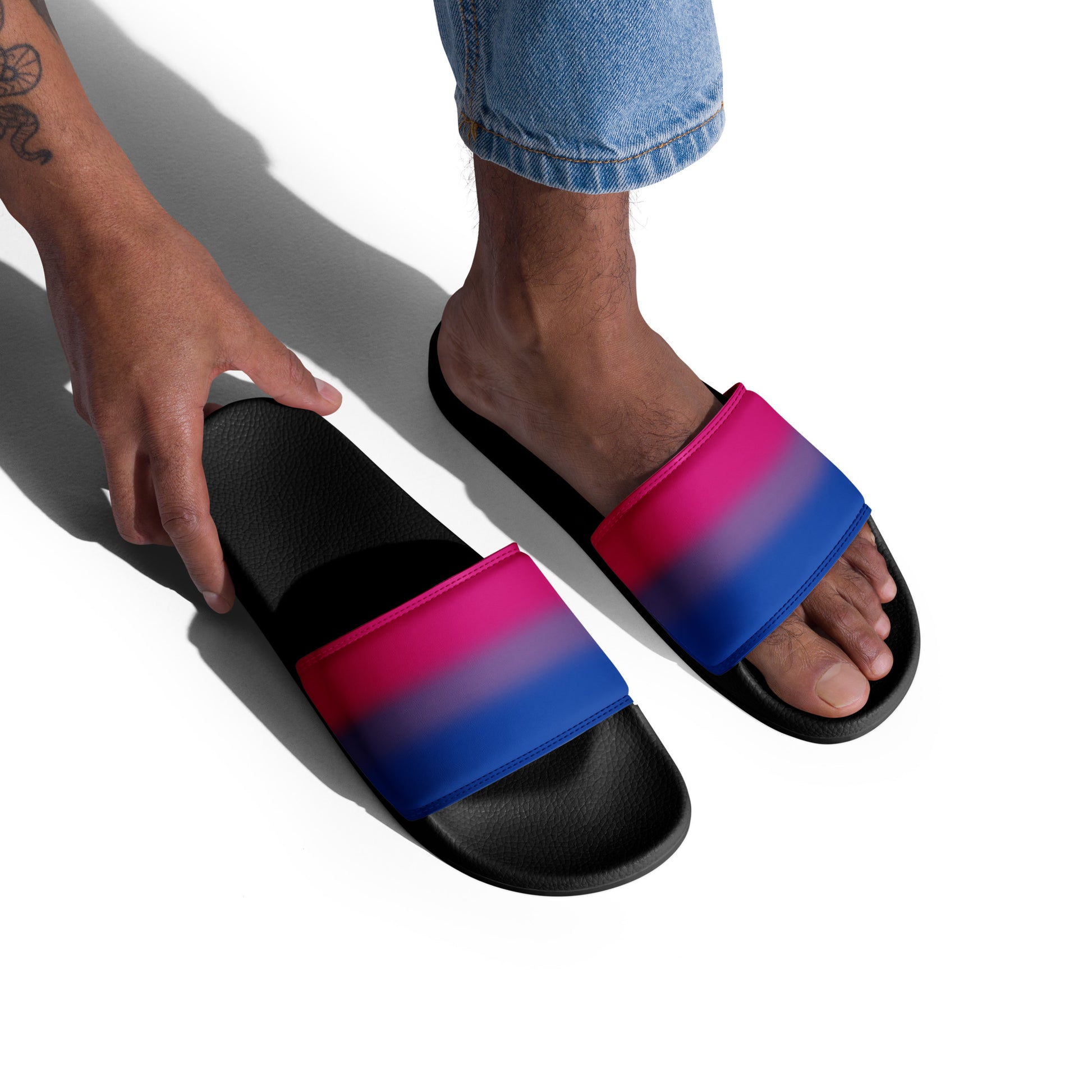 Bisexual Bi Pride Men’s Slides Sandals in Ombre mens-slides-black-right-front-66019275192ea