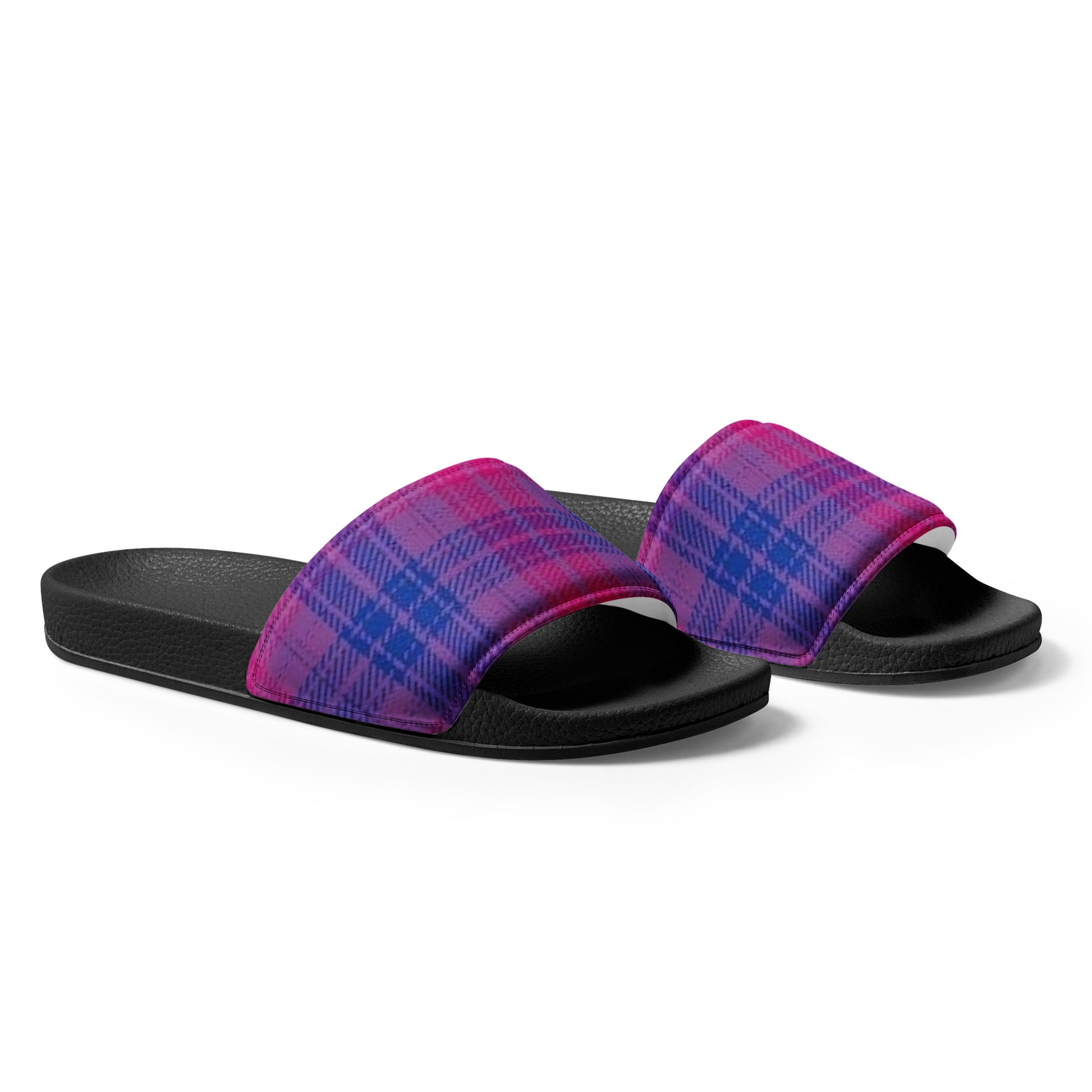 Bisexual Bi Pride Men’s Slides Sandals in Plaid mens-slides-black-right-front-660193d62c59a