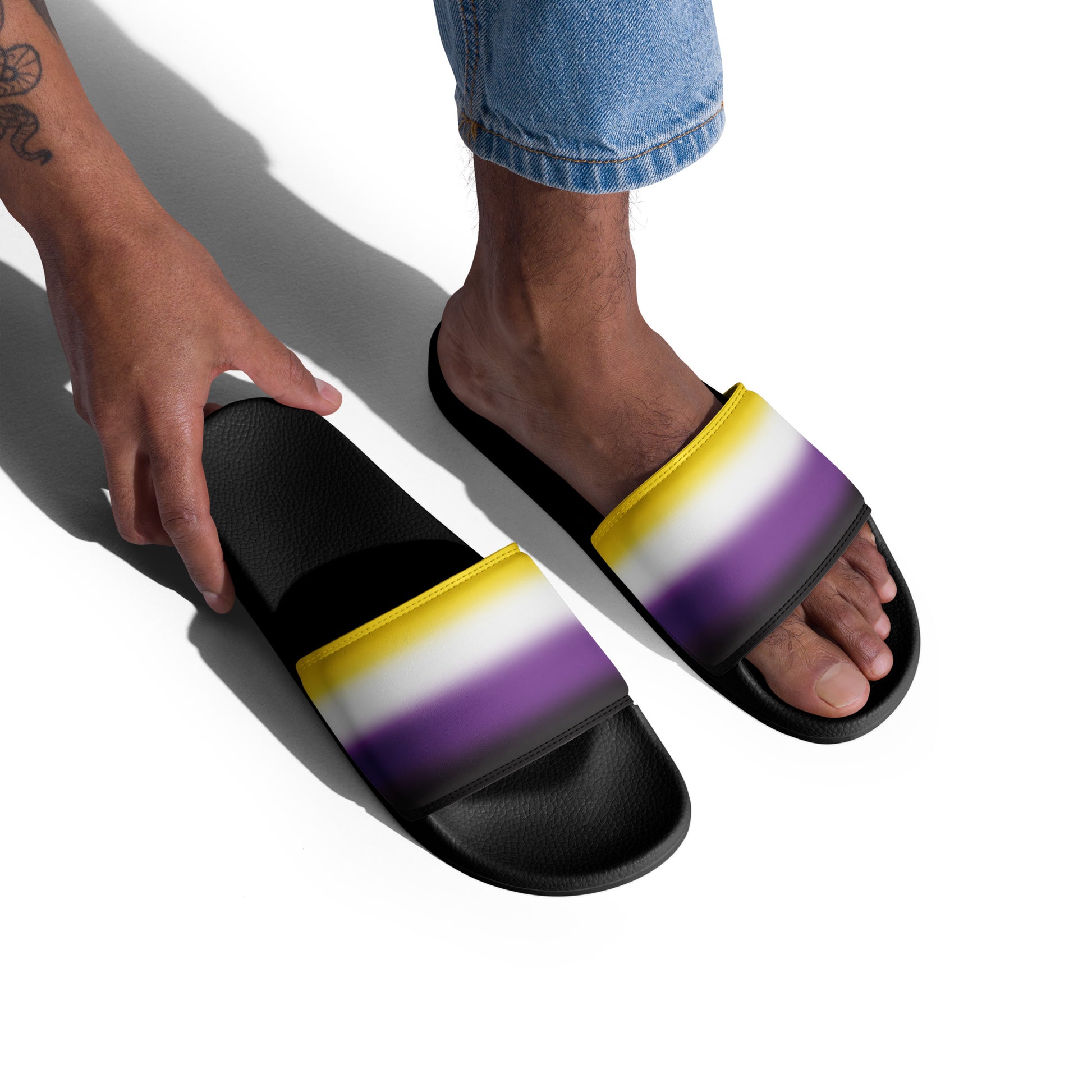 Nonbinary Enby Pride Mens Slides Sandals mens-slides-black-right-front-660b574405370