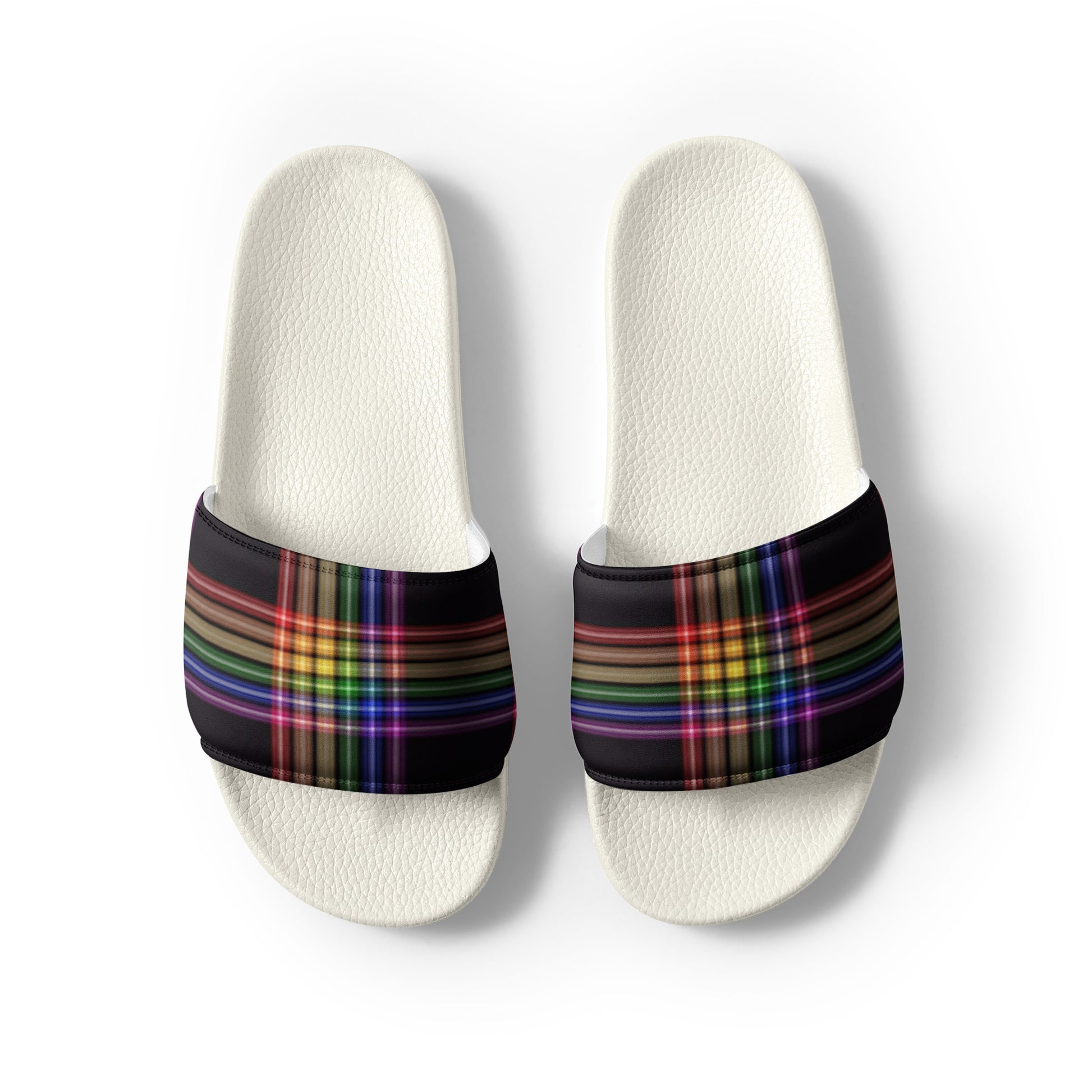 LGBTQ Pride Men’s Slides Sandals in Plaid mens-slides-white-front-2-6601902f10ecd