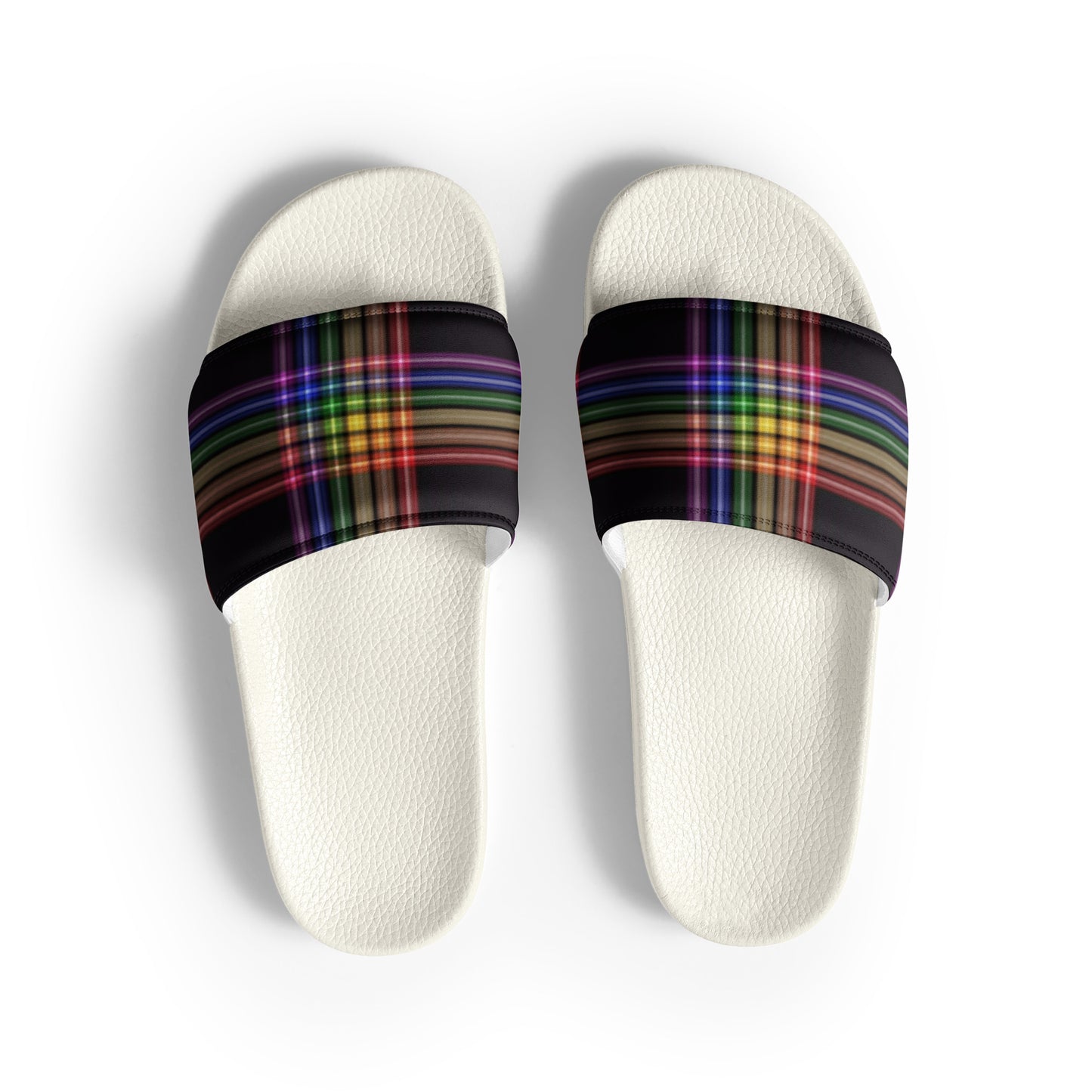 LGBTQ Pride Men’s Slides Sandals in Plaid White Pride mens-slides-white-front-6601902f10dff