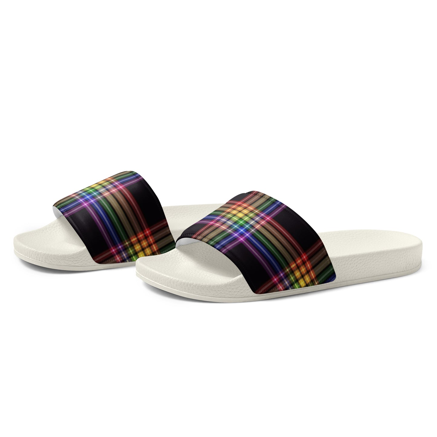 LGBTQ Pride Men’s Slides Sandals in Plaid mens-slides-white-left-front-6601902f10fc0