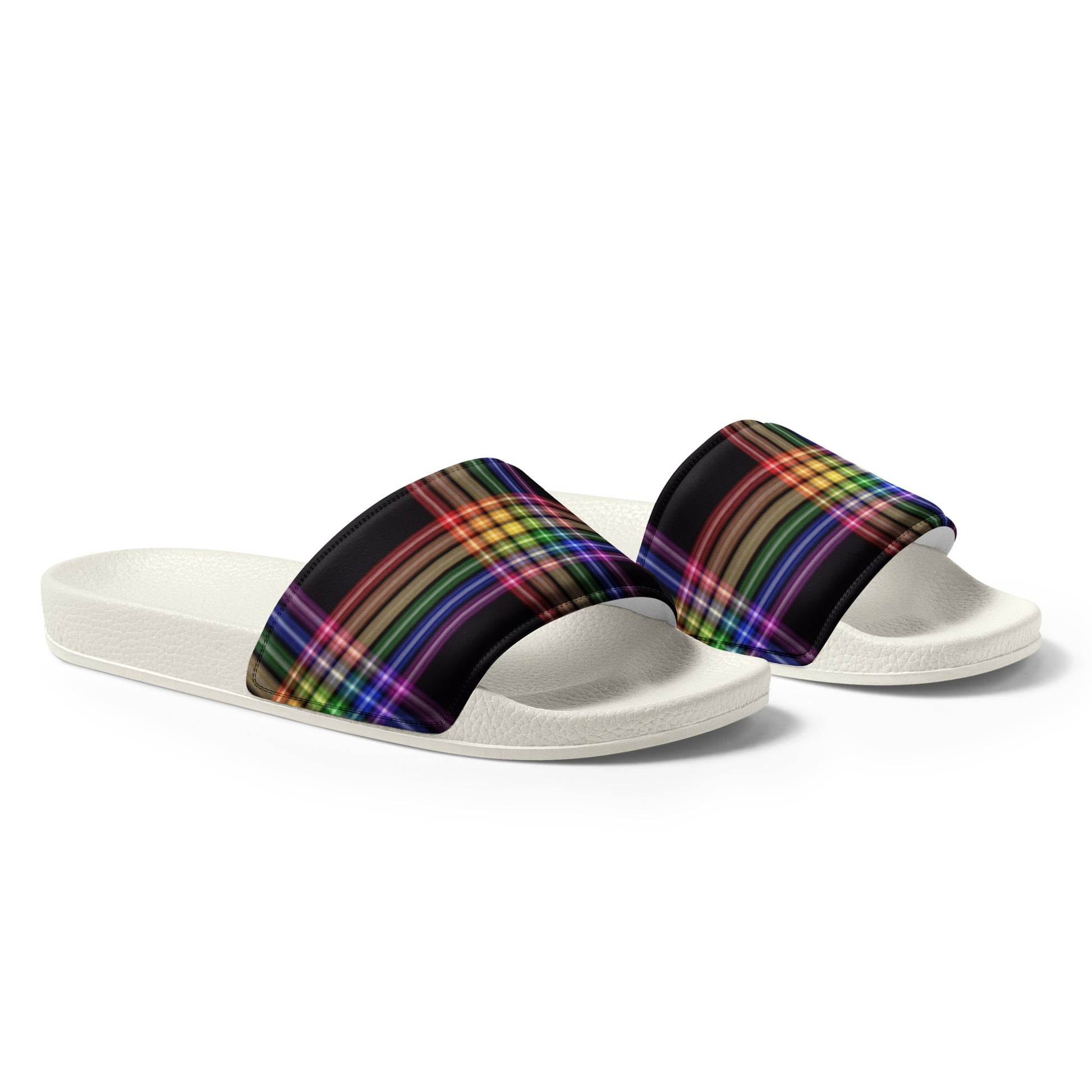 LGBTQ Pride Men’s Slides Sandals in Plaid mens-slides-white-right-front-6601902f11159