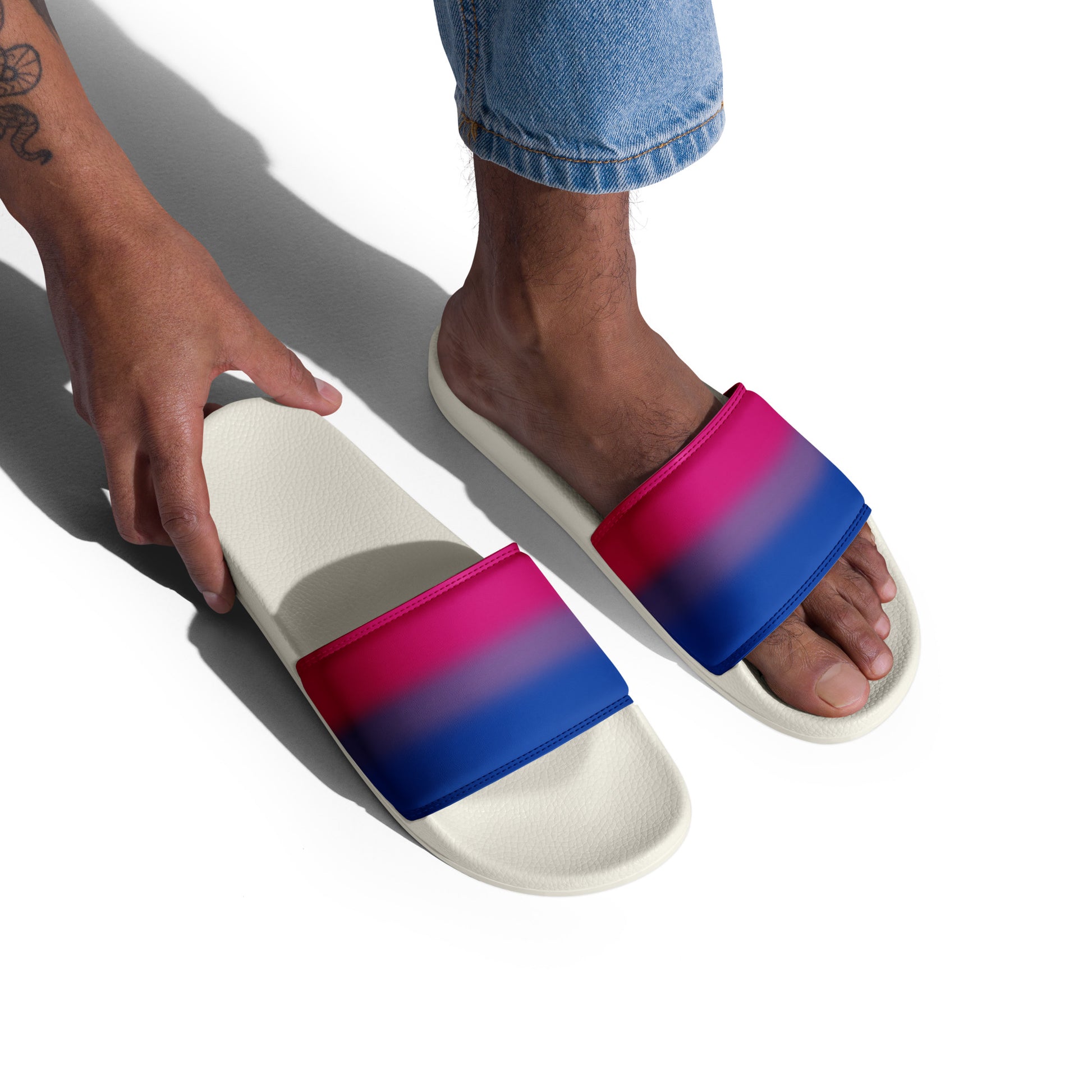 Bisexual Bi Pride Men’s Slides Sandals in Ombre mens-slides-white-right-front-66019275193ca