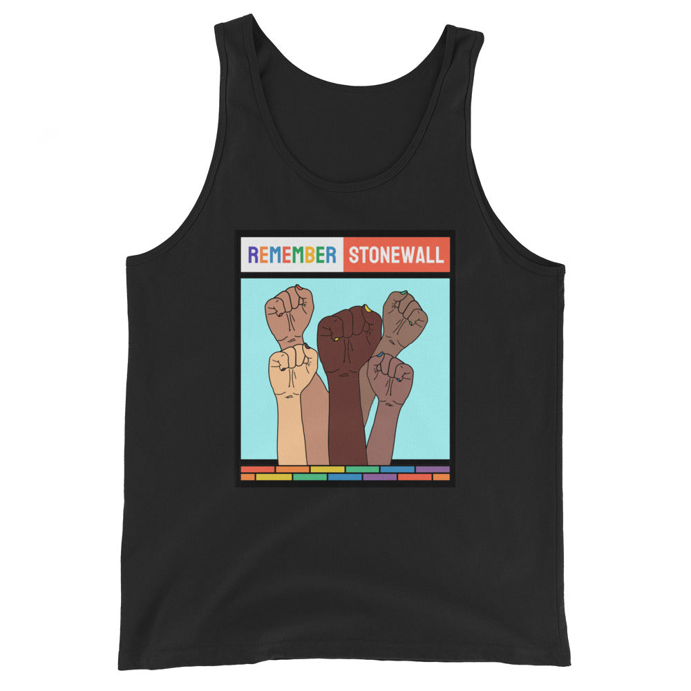 LGBTQ Pride Tank Top - Remember Stonewall Black Pride mens-staple-tank-top-black-front-648d07bb28b3b