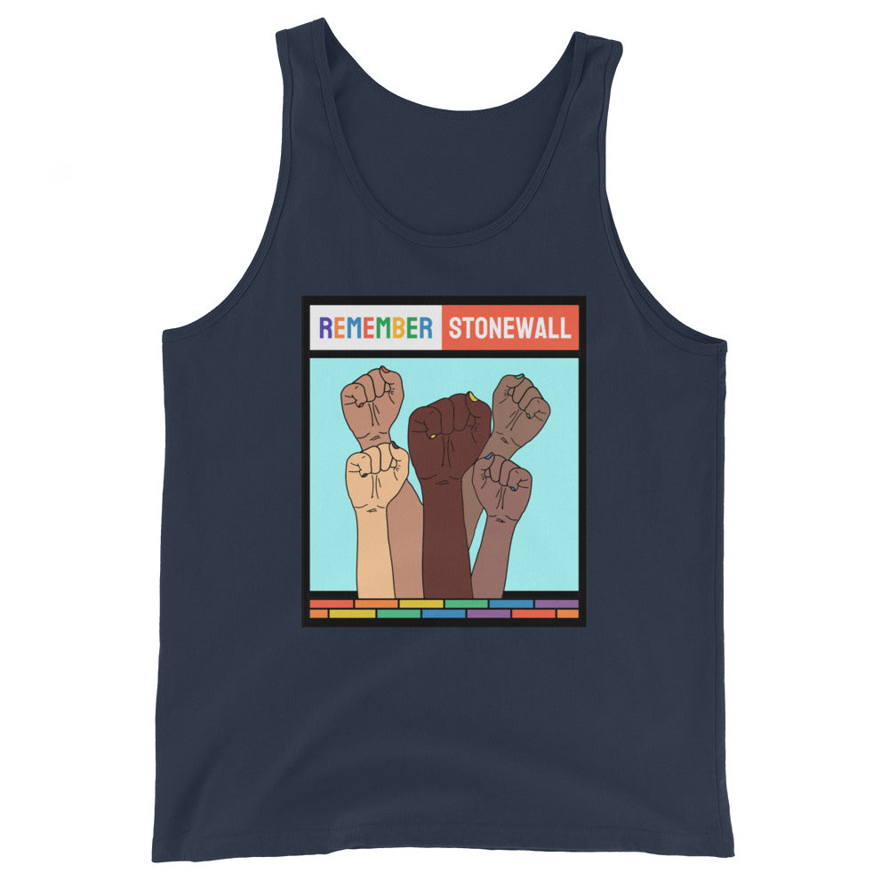 LGBTQ Pride Tank Top - Remember Stonewall Navy Pride mens-staple-tank-top-navy-front-648d07bb28c54