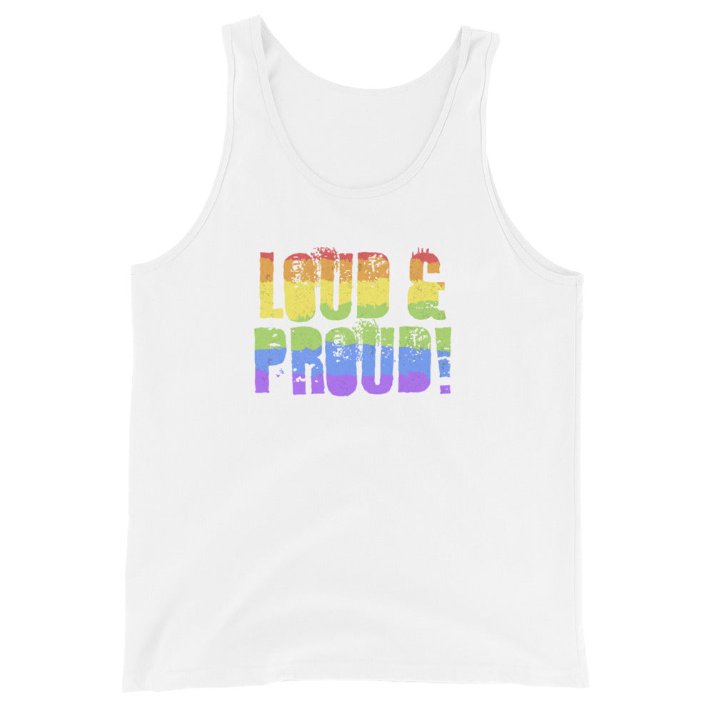 LGBTQ Pride Tank Top - Loud and Proud White Pride mens-staple-tank-top-white-front-648cf2732965c