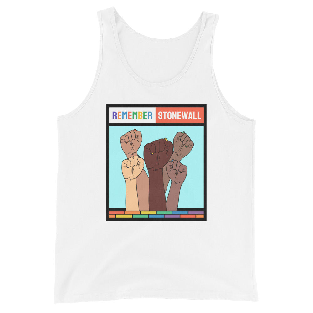 LGBTQ Pride Tank Top - Remember Stonewall White Pride mens-staple-tank-top-white-front-648d07bb294a1