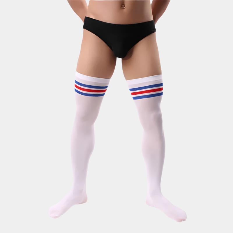 White thigh-high socks with red and blue stripes worn by a man on a white background