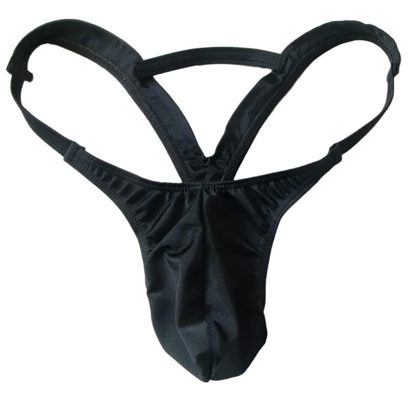 Black mens thong underwear with a unique design on a white background