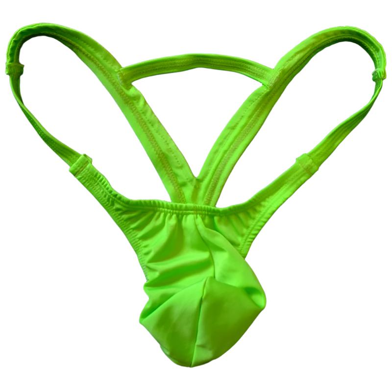 Neon green mens thong on a white background