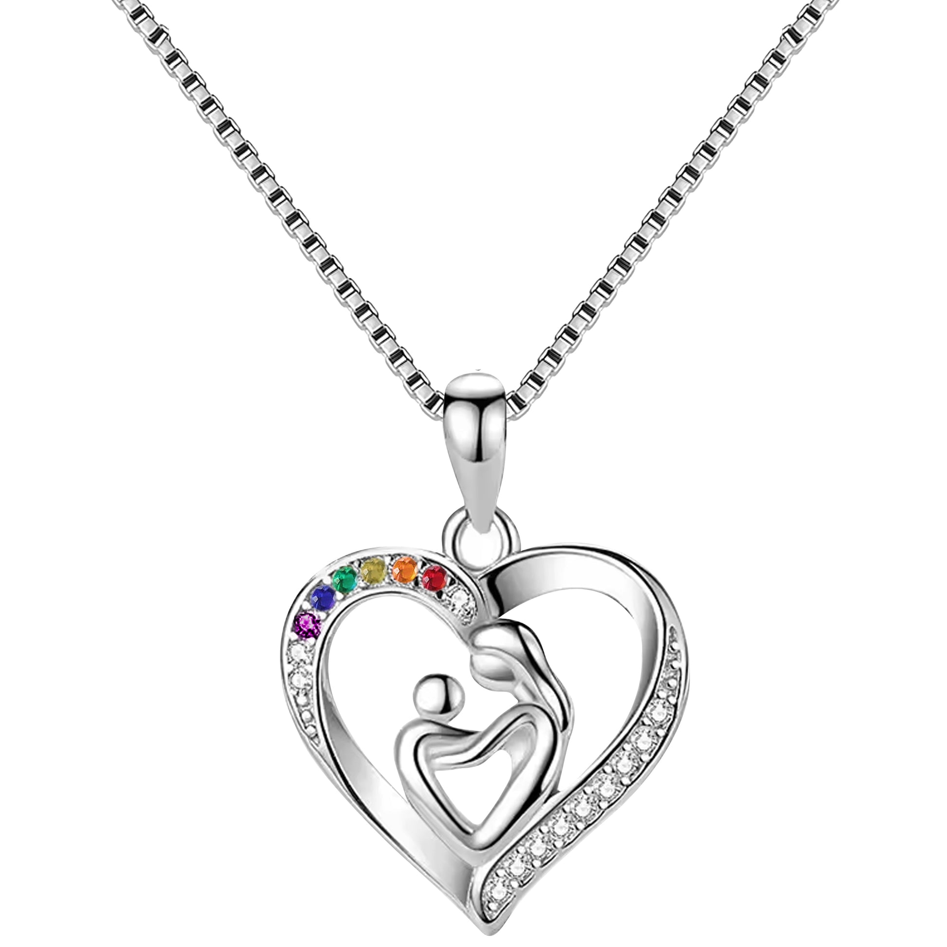 Silver necklace with a heart-shaped pendant featuring a family design and colorful stones on a white background.