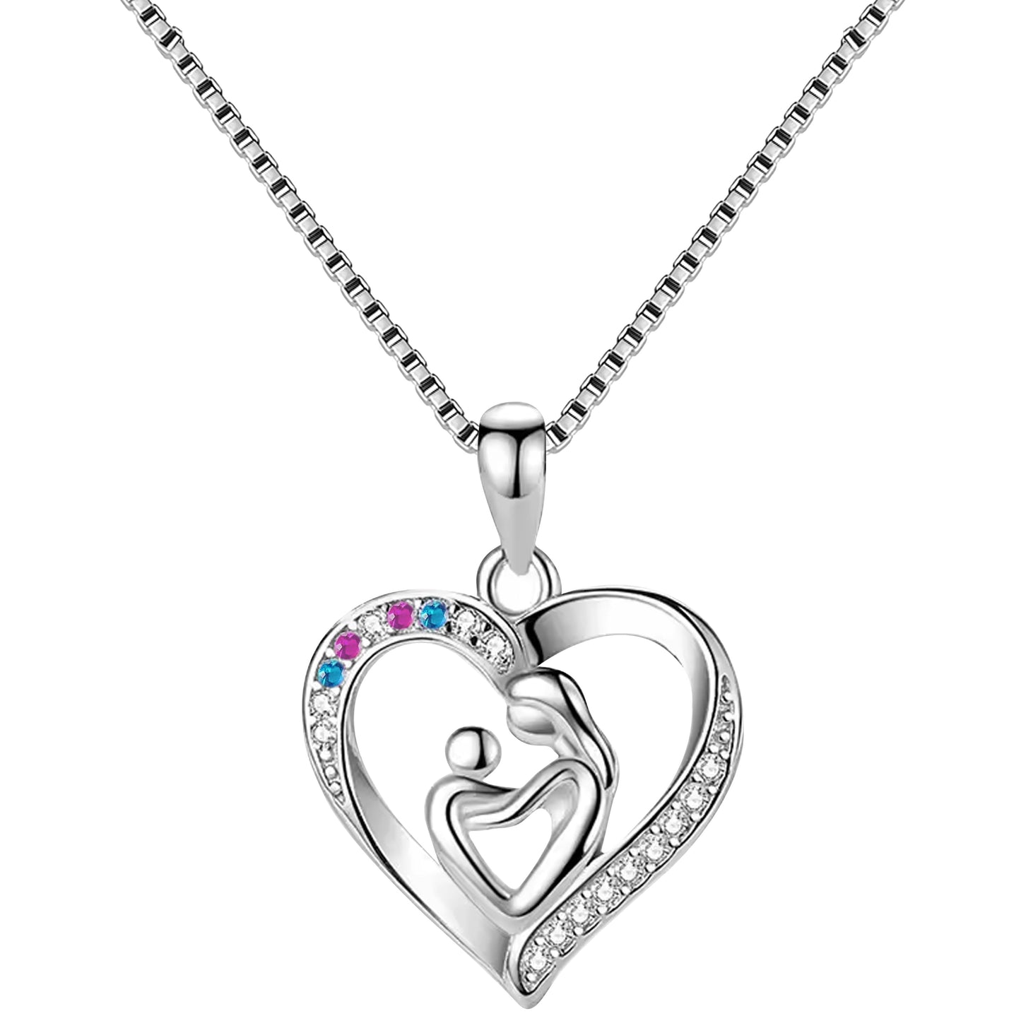 Silver necklace with a heart-shaped pendant featuring a family design on a white background