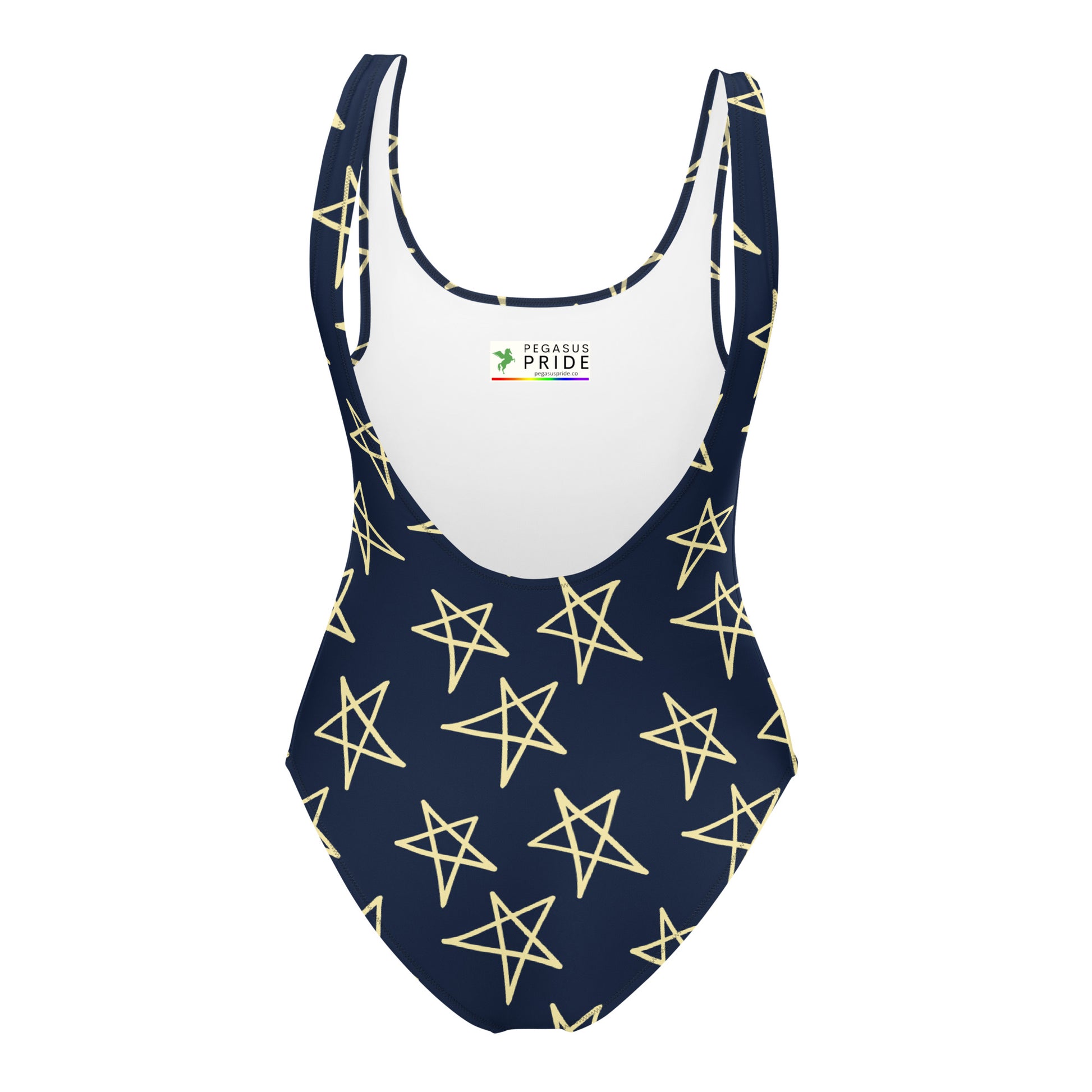Navy swimsuit with gold star pattern on a white background