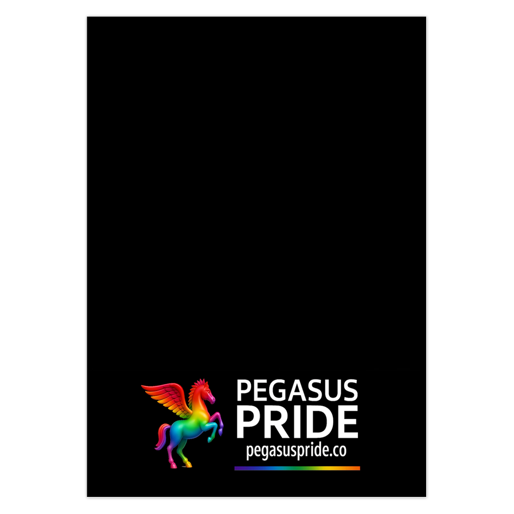Black back of card with a rainbow-colored Pegasus logo and 'Pegasus Pride' text on a white background