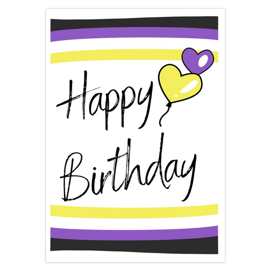 Nonbinary happy Birthday card with colorful stripes and a heart on a white background