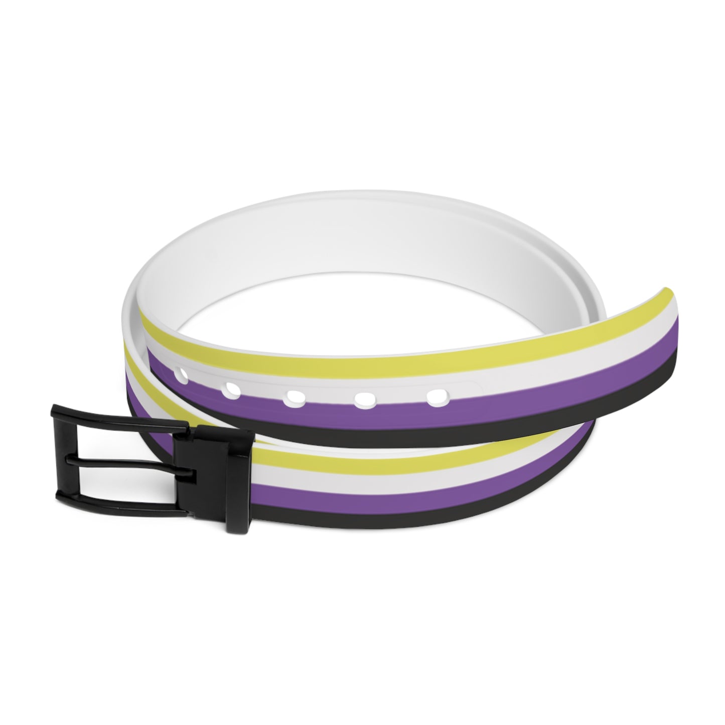 nonbinary pride striped belt with purple, yellow, and white bands on a white background
