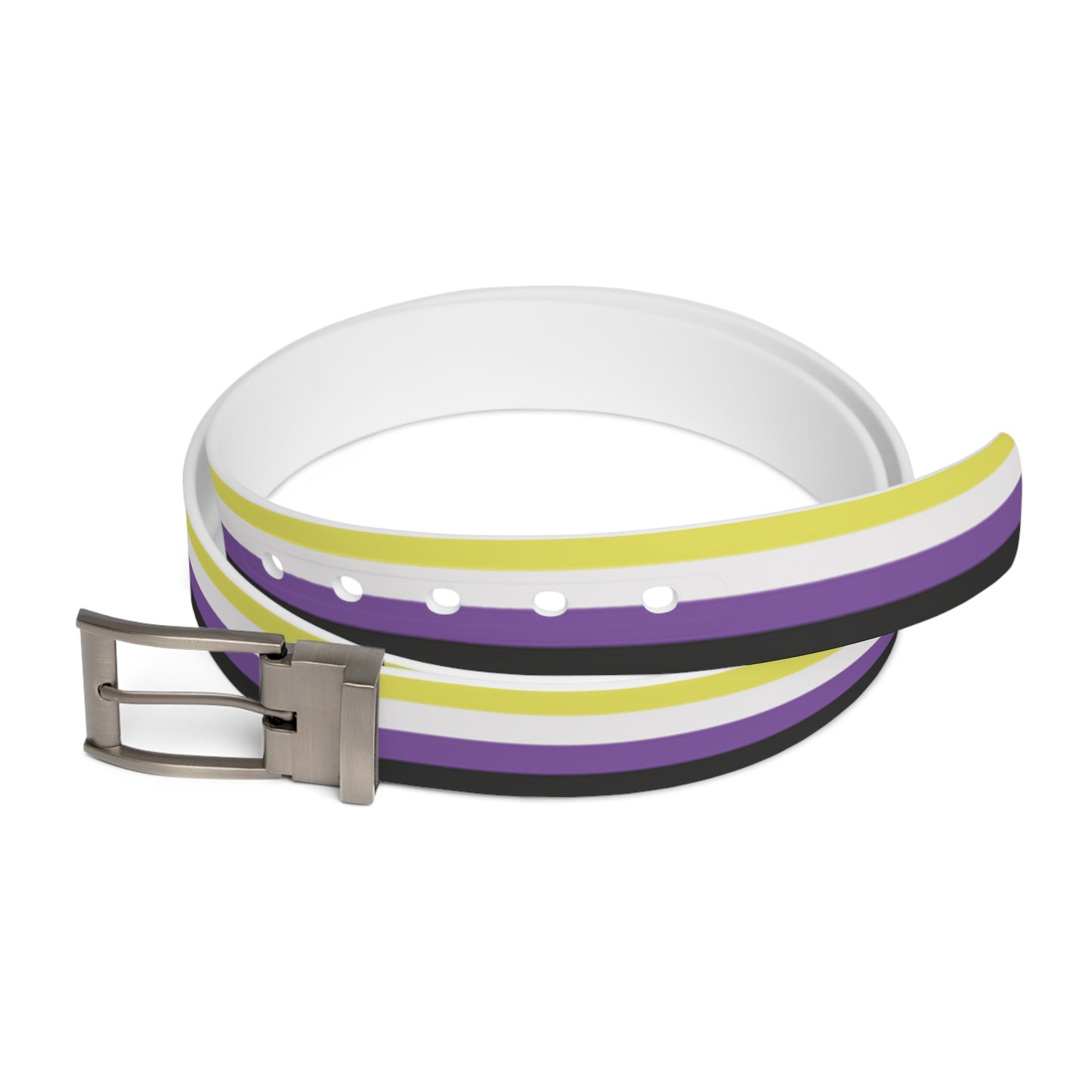 nonbinary pride striped belt with a silver buckle on a white background